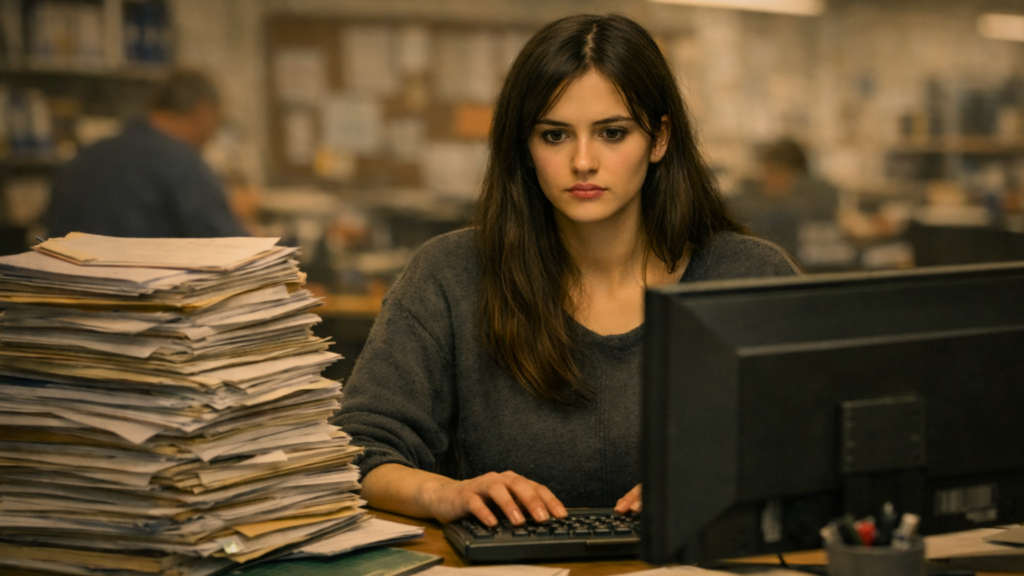 Junge Frau an einem Arbeitsplatz mit Aktenstapeln als Symbolbild für die Frage, ob Werkstattarbeit eher Reha oder normale Arbeit ist