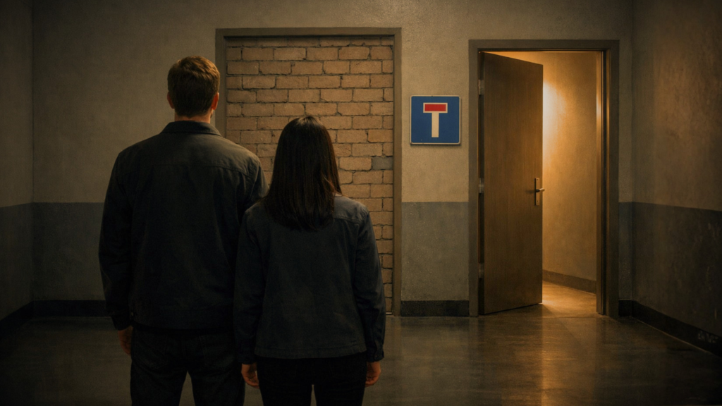 Zwei Personen vor einer Sackgasse und einer offenen Tür als Symbolbild für Stillstand, fehlende Perspektiven und einen möglichen Weg hinaus