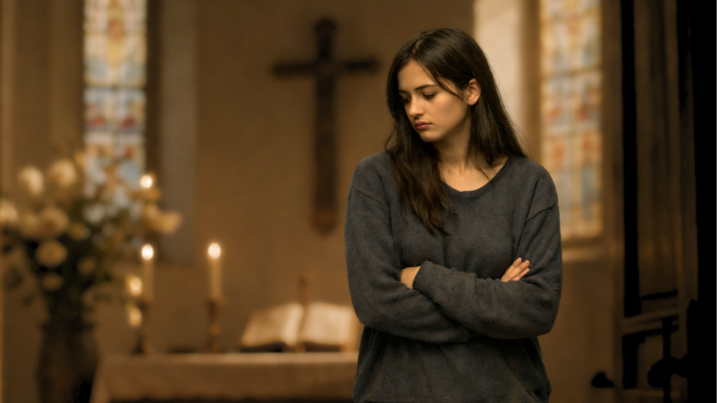 Junge Frau in einer Kirche als Symbolbild für Schutzlosigkeit und Machtmissbrauch in kirchlichen Strukturen