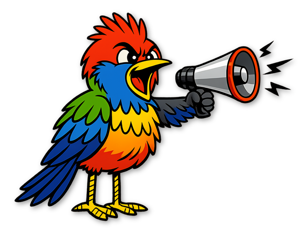 Bunter Vogel mit Megafon als Symbol für eine laute und selbstbestimmte Stimme