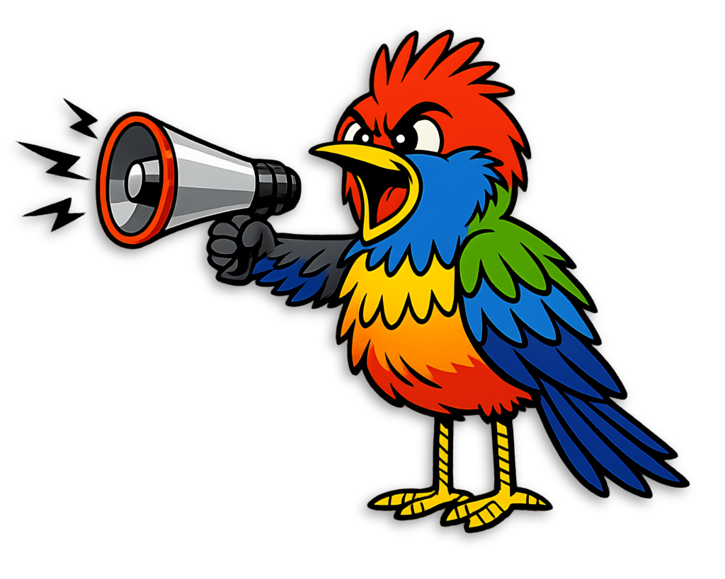 Bunter Vogel mit Megafon als Symbol für eine laute und selbstbestimmte Stimme