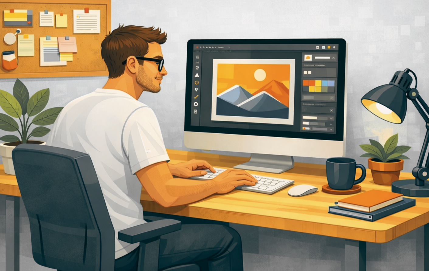 Person an einem Computerarbeitsplatz als Symbolbild für digitale Gestaltung