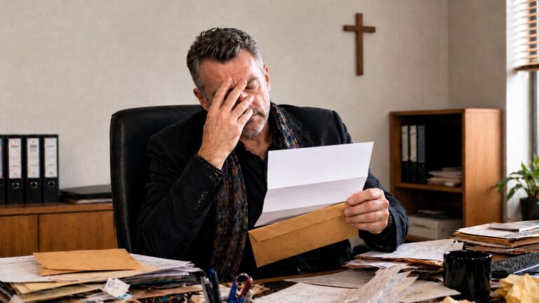 Mann in einem Büro mit Kreuz an der Wand liest erschöpft einen Brief zwischen Akten und Dokumenten als Symbolbild für ausbleibende Aufarbeitung sexualisierter Gewalt in WfbM.