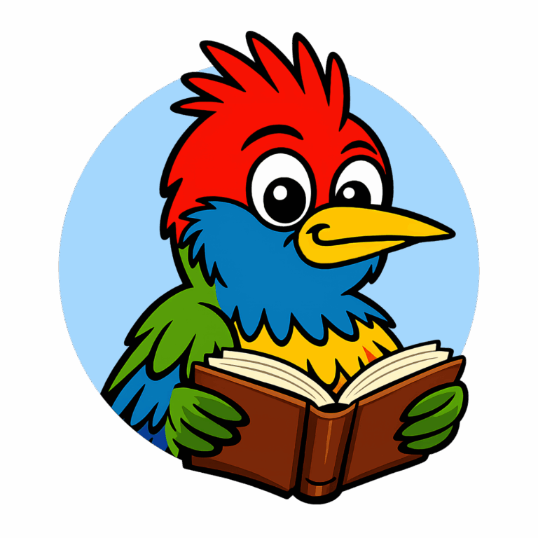Bunter Müselmulm-Vogel mit offenem Buch vor hellblauem Kreis.