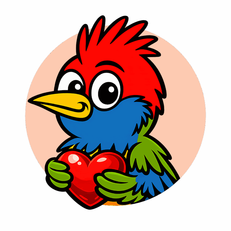 Bunter Müselmulm-Vogel mit rotem Herz in den Händen vor hellem Kreis.