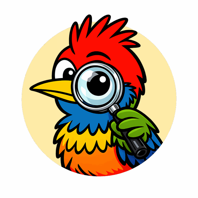 Bunter Müselmulm-Vogel mit großer Lupe vor hellem Kreis.