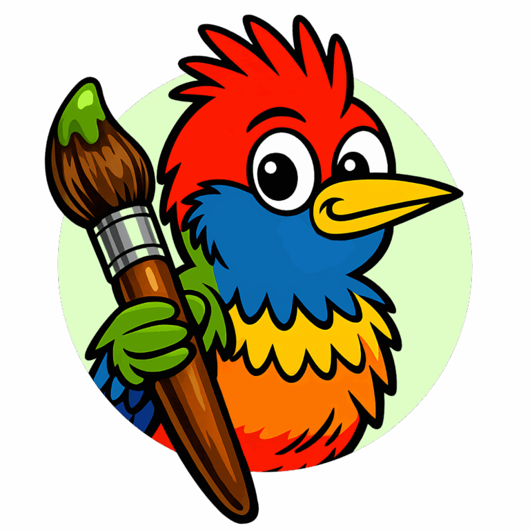 Bunter Müselmulm-Vogel mit großem Pinsel vor hellgrünem Kreis.