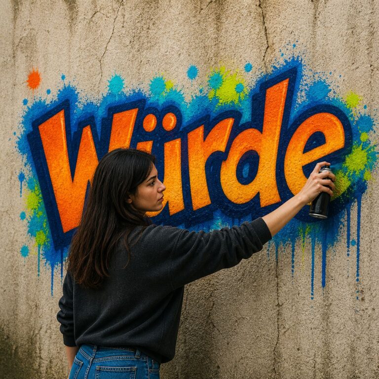 Person sprüht das Wort „Würde“ als buntes Graffiti an eine Betonwand. Würde ist ein zentraler Aspekt beim Thema Inklusion und WfbM.