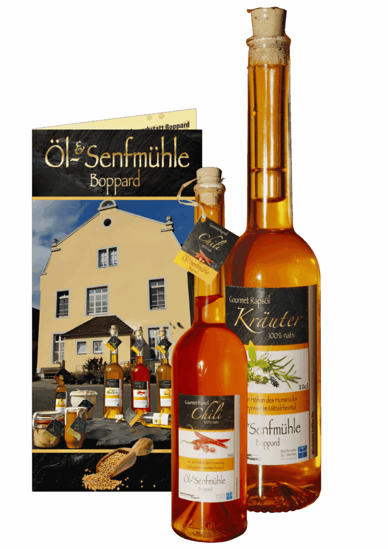 Faltblatt und Ölflaschen der Öl- und Senfmühle Boppard mit von Janina und Mathias gestalteten Etiketten und Produktdesigns.