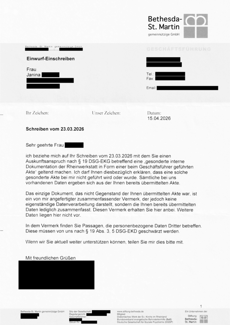 Geschwärztes Antwortschreiben der Geschäftsführung der Rheinwerkstatt Boppard vom 15. April 2026 auf Janinas Auskunftsersuchen gemäß § 19 DSG-EKD.