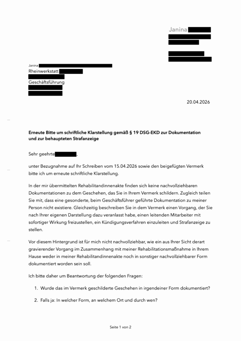 Geschwärzte erste Seite eines zweiseitigen Schreibens von Janina an die Geschäftsführung der Rheinwerkstatt Boppard mit einer erneuten Bitte um schriftliche Klarstellung vom 20. April 2026.