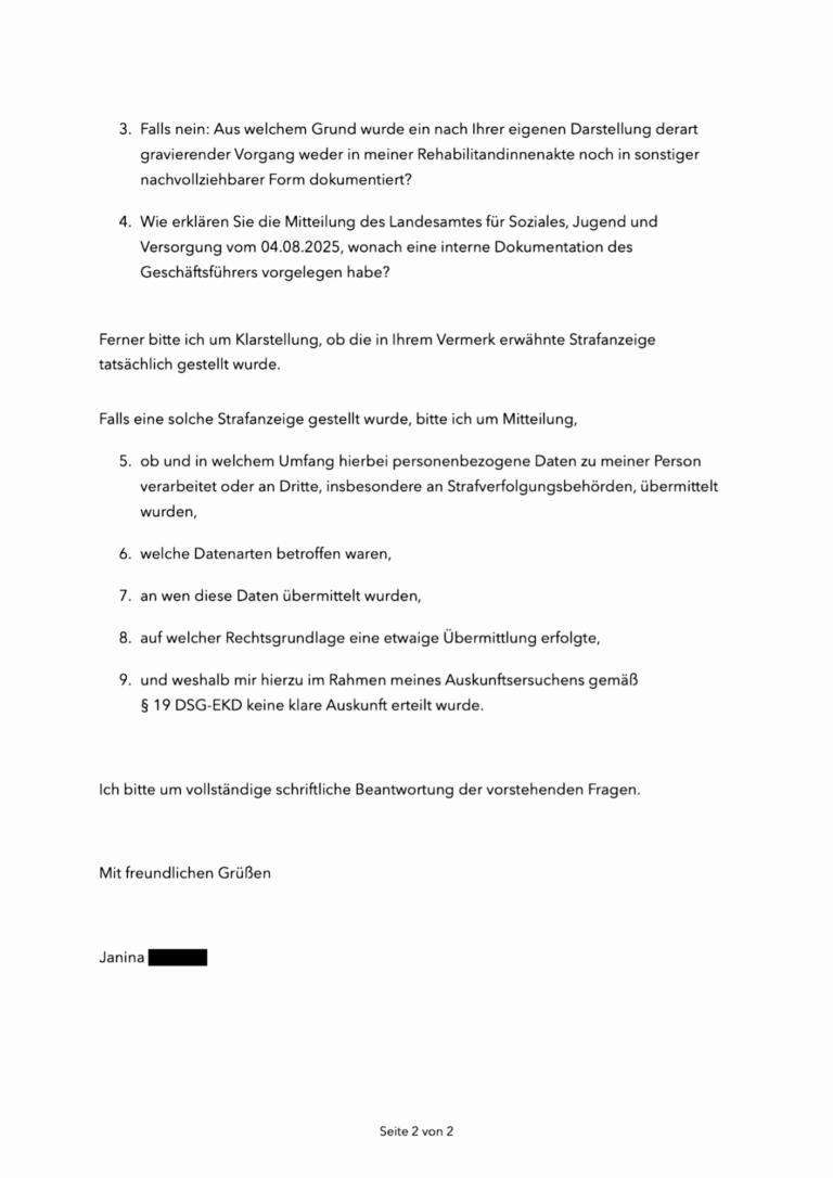 Geschwärzte zweite Seite eines zweiseitigen Schreibens von Janina an die Geschäftsführung der Rheinwerkstatt Boppard mit einer erneuten Bitte um schriftliche Klarstellung vom 20. April 2026.