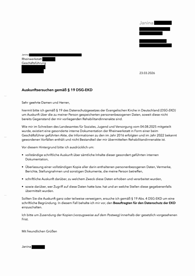 Geschwärztes Schreiben von Janina an die Geschäftsführung der Rheinwerkstatt Boppard vom 23. März 2026 mit einem Auskunftsersuchen gemäß § 19 DSG-EKD.