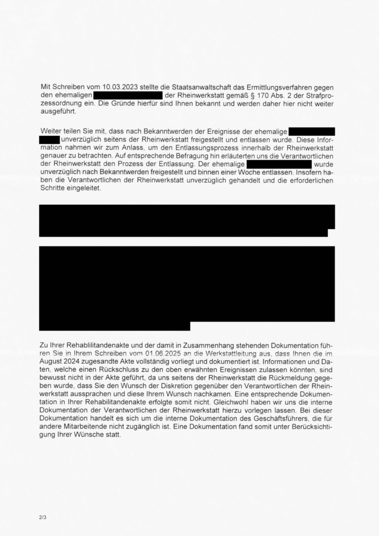 Geschwärzte zweite Seite eines dreiseitigen Schreibens des Landesamtes für Soziales, Jugend und Versorgung vom 4. August 2025 zu Janinas Antrag auf Prüfung nach § 128 SGB IX betreffend die Rheinwerkstatt der Stiftung Bethesda-St. Martin in Boppard.