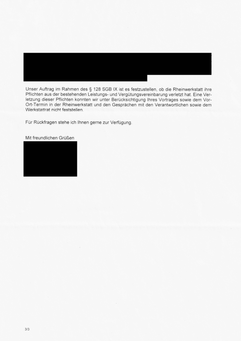 Geschwärzte dritte Seite eines dreiseitigen Schreibens des Landesamtes für Soziales, Jugend und Versorgung vom 4. August 2025 zu Janinas Antrag auf Prüfung nach § 128 SGB IX betreffend die Rheinwerkstatt der Stiftung Bethesda-St. Martin in Boppard.