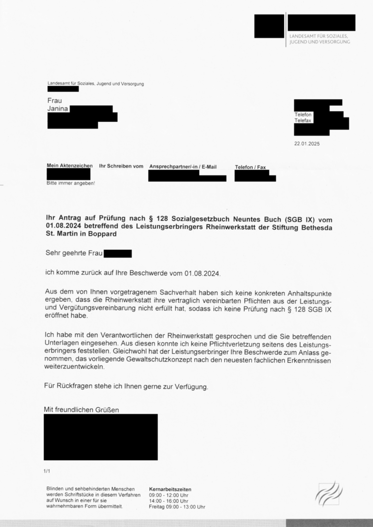 Geschwärztes Schreiben des Landesamtes für Soziales, Jugend und Versorgung vom 22. Januar 2025 zu Janinas Antrag auf Prüfung nach § 128 SGB IX betreffend die Rheinwerkstatt der Stiftung Bethesda-St. Martin in Boppard.