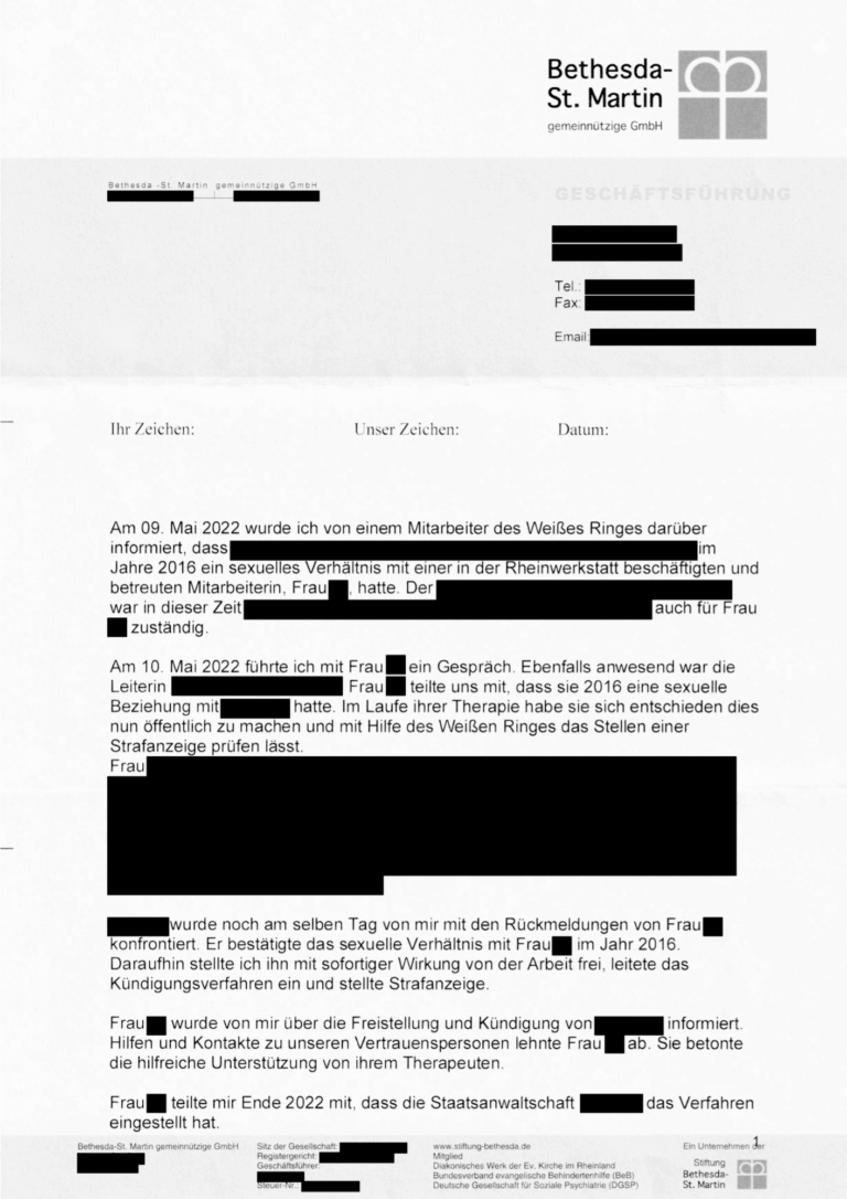 Geschwärzte erste Seite eines zweiseitigen Vermerks der Geschäftsführung der Rheinwerkstatt Boppard aus Februar 2025.