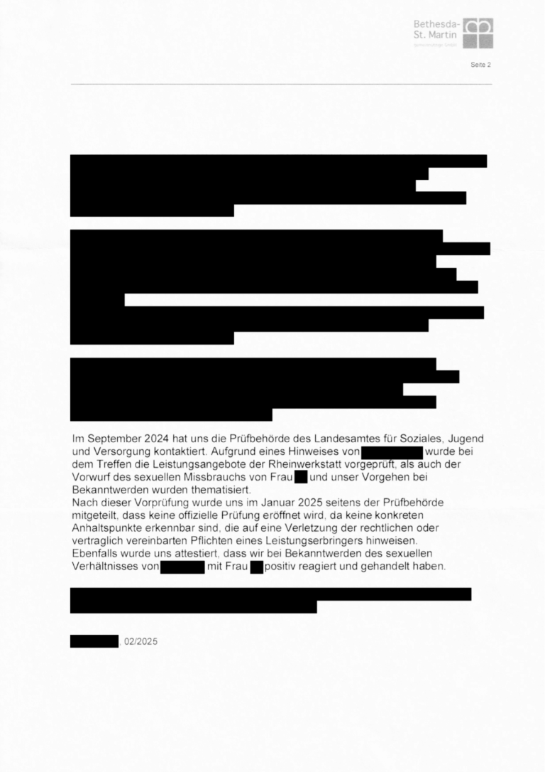Geschwärzte zweite Seite eines zweiseitigen Vermerks der Geschäftsführung der Rheinwerkstatt Boppard aus Februar 2025.